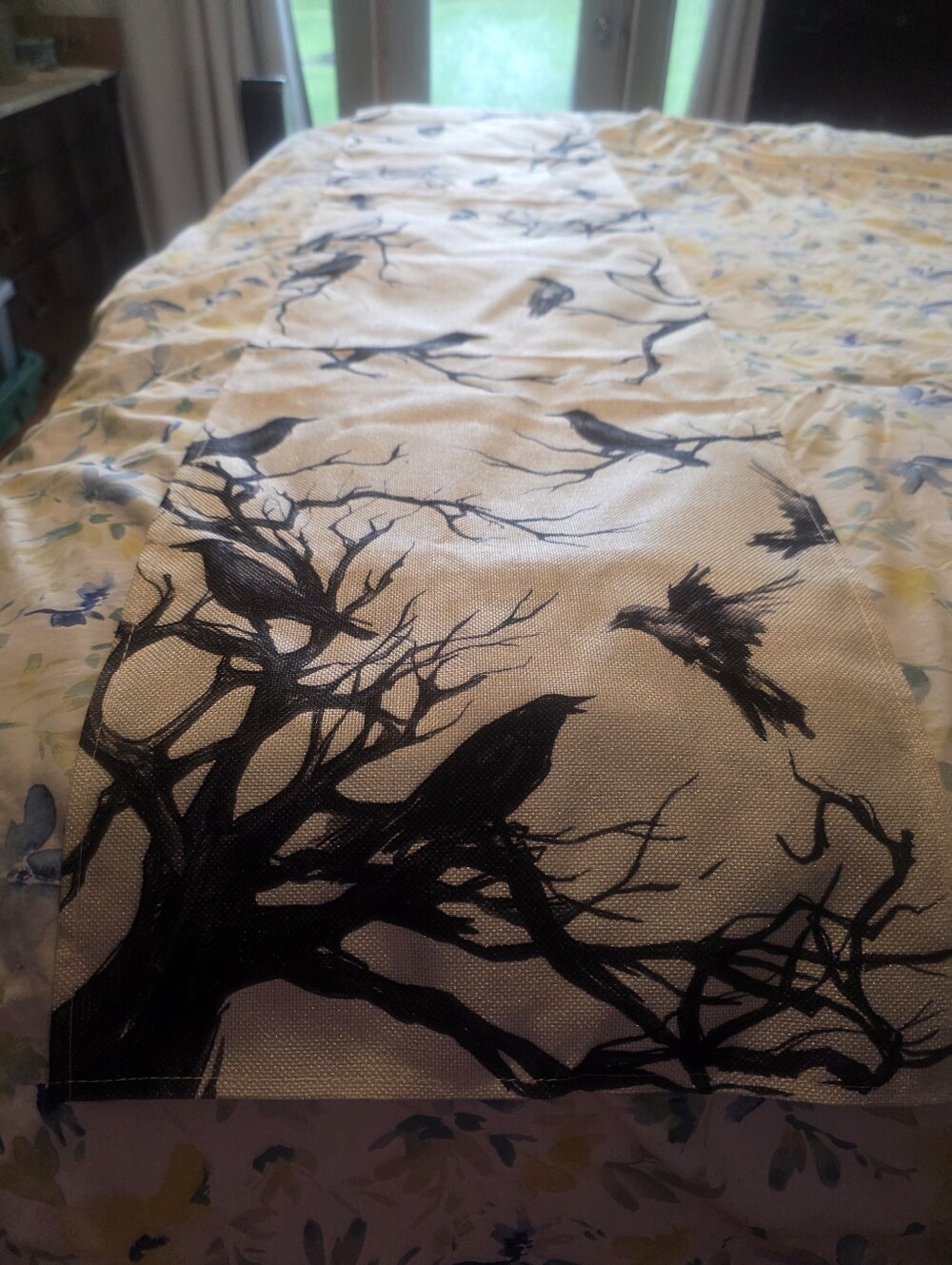 Halloween Black Bird, Raven Or Crow Silhouette Table Runner Beige & Black Fabric